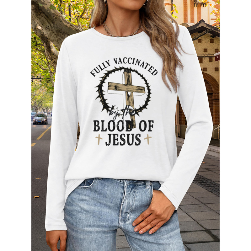 Tee Graphic Print - Christian Cross Graphic Women Long Sleeve