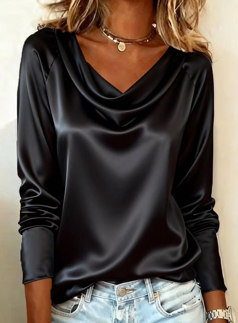 Luxury Satin Solid Color V-Nec - Shirt Camp Collar recension och pris
